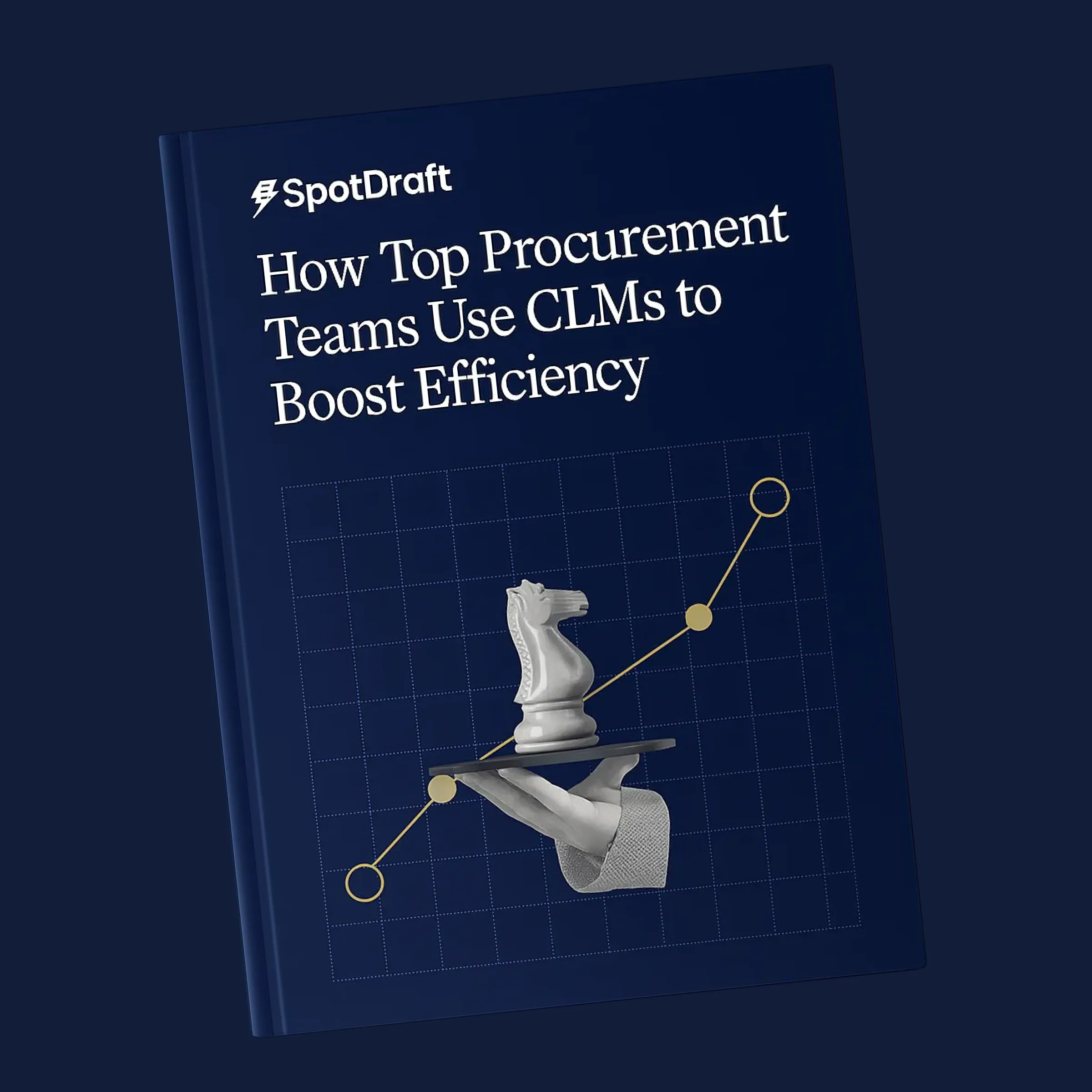 Book cover titled 'How Top Procurement Teams Use CLMs to Boost Efficiency' with SpotDraft logo and illustration of a hand holding a tray with a chess knight and upward graph line.