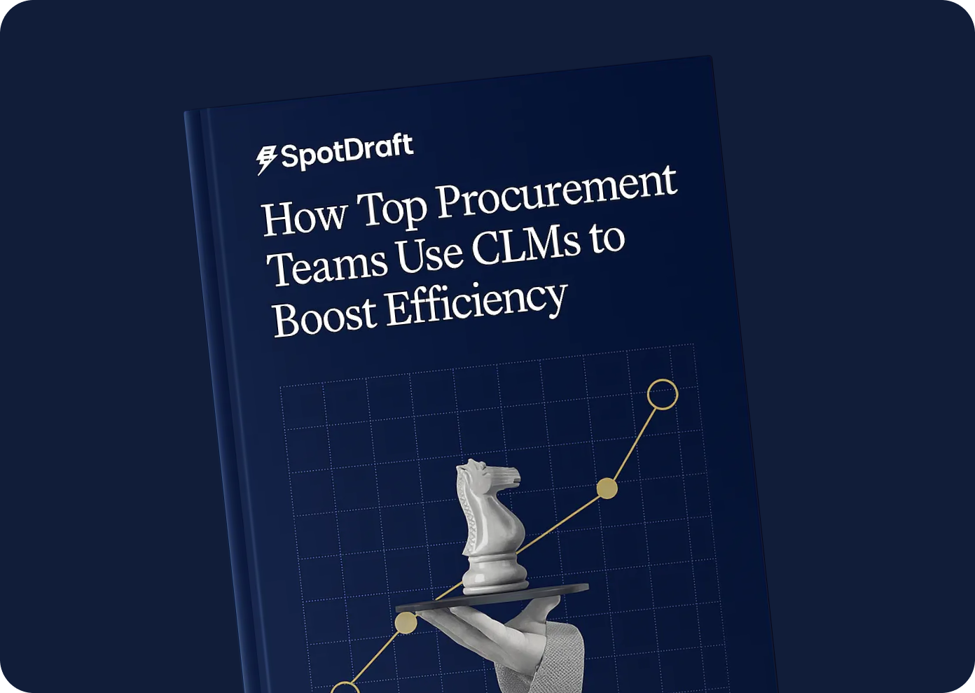 SpotDraft cover titled 'How Top Procurement Teams Use CLMs to Boost Efficiency' with a hand holding a chess knight piece and an upward trending graph in the background.