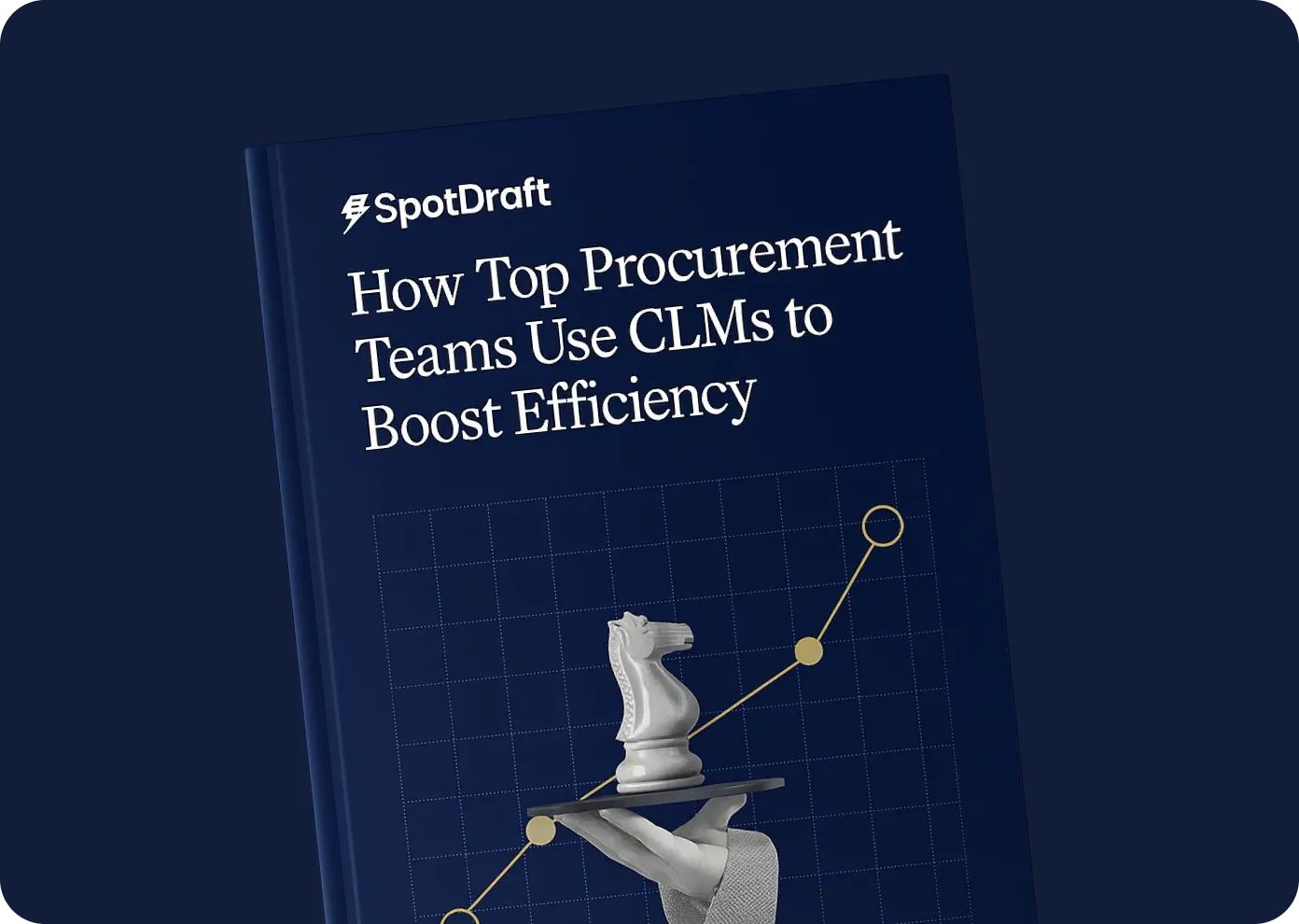 SpotDraft cover titled 'How Top Procurement Teams Use CLMs to Boost Efficiency' with a hand holding a chess knight piece and an upward trending graph in the background.