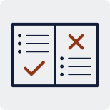 Icon of a checklist with a brown check mark on the left side and a brown X mark on the right side inside a blue outlined box.