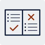 Icon of a checklist with a brown check mark on the left side and a brown X mark on the right side inside a blue outlined box.