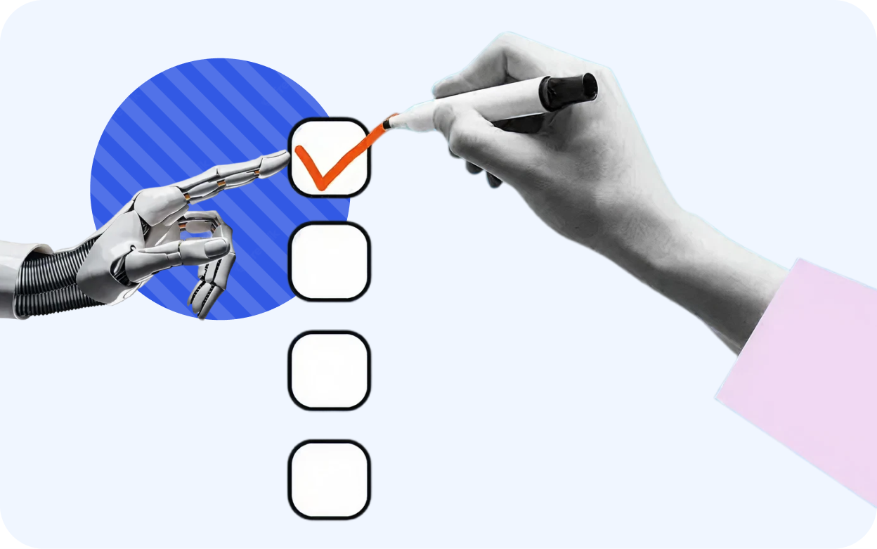 A human hand holding a marker checks the first box on a checklist, while a robotic hand points towards the checked box.
