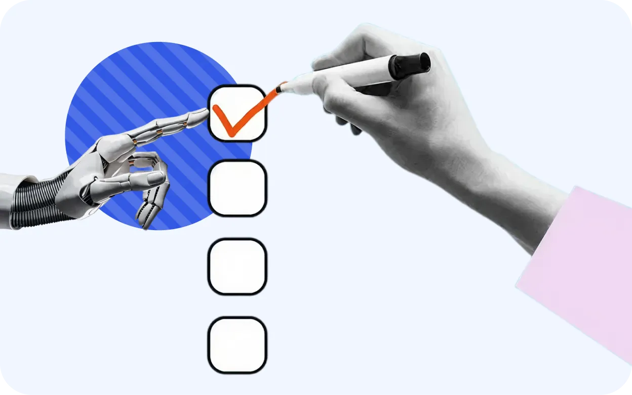 A human hand holding a marker checks the first box on a checklist, while a robotic hand points towards the checked box.