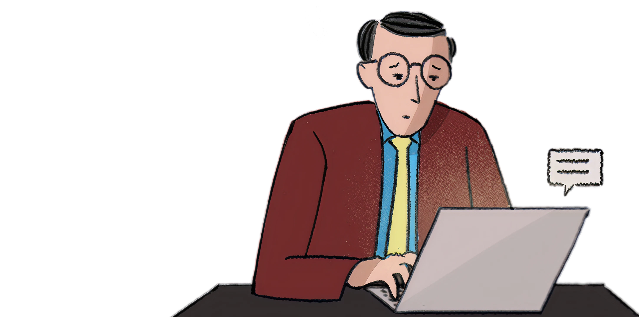 Illustration of a legal professional looking surprised while reviewing a CLM renewal bill on a laptop.