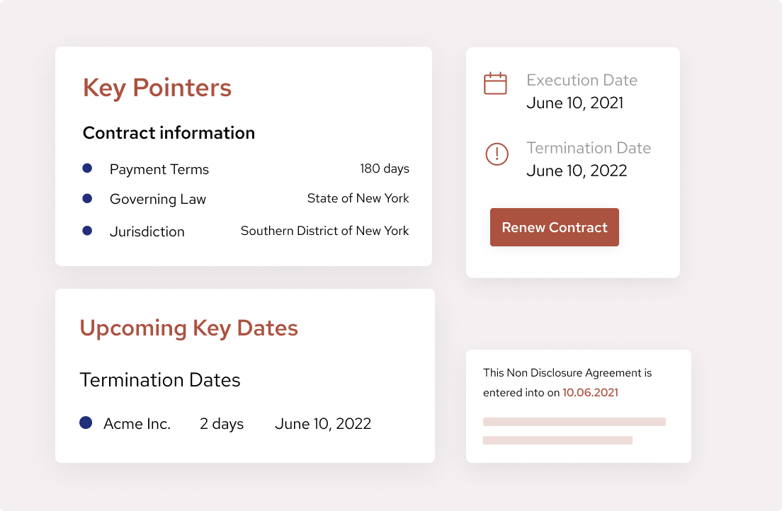 Contract summary with payment terms, governing law, key dates, and a renew contract button.