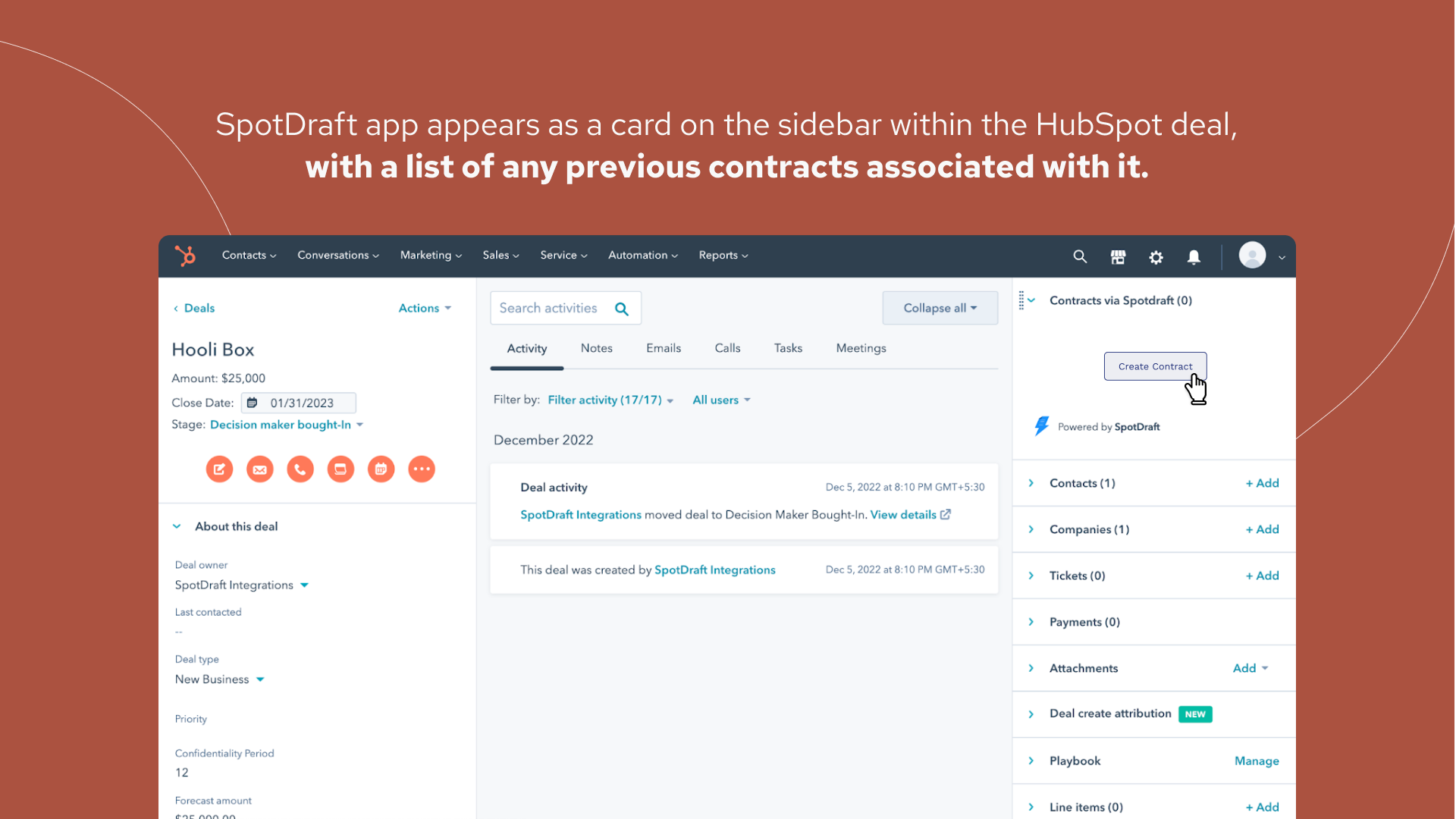 SpotDraft app integration shown as a card in the HubSpot deal sidebar.