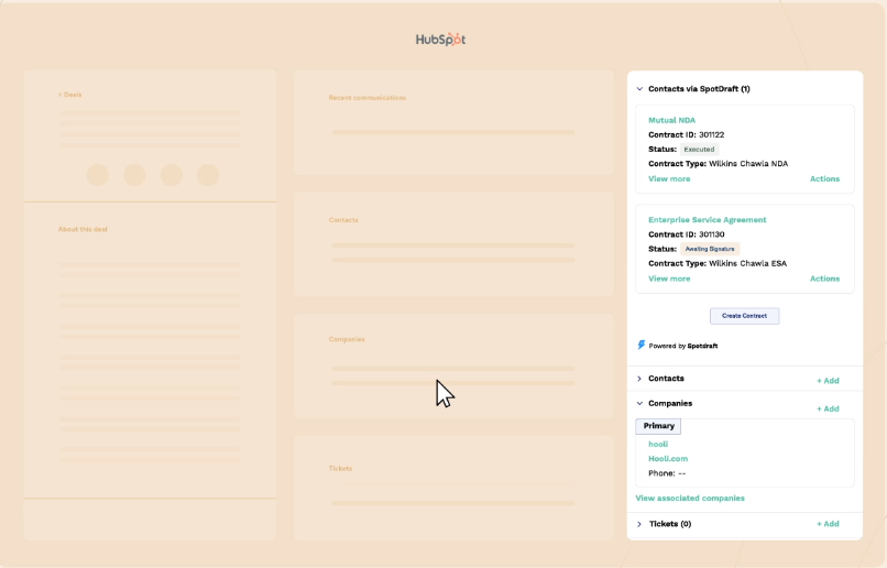 HubSpot interface showing deal details, recent communications, contacts, companies, and contracts via SpotDraft.