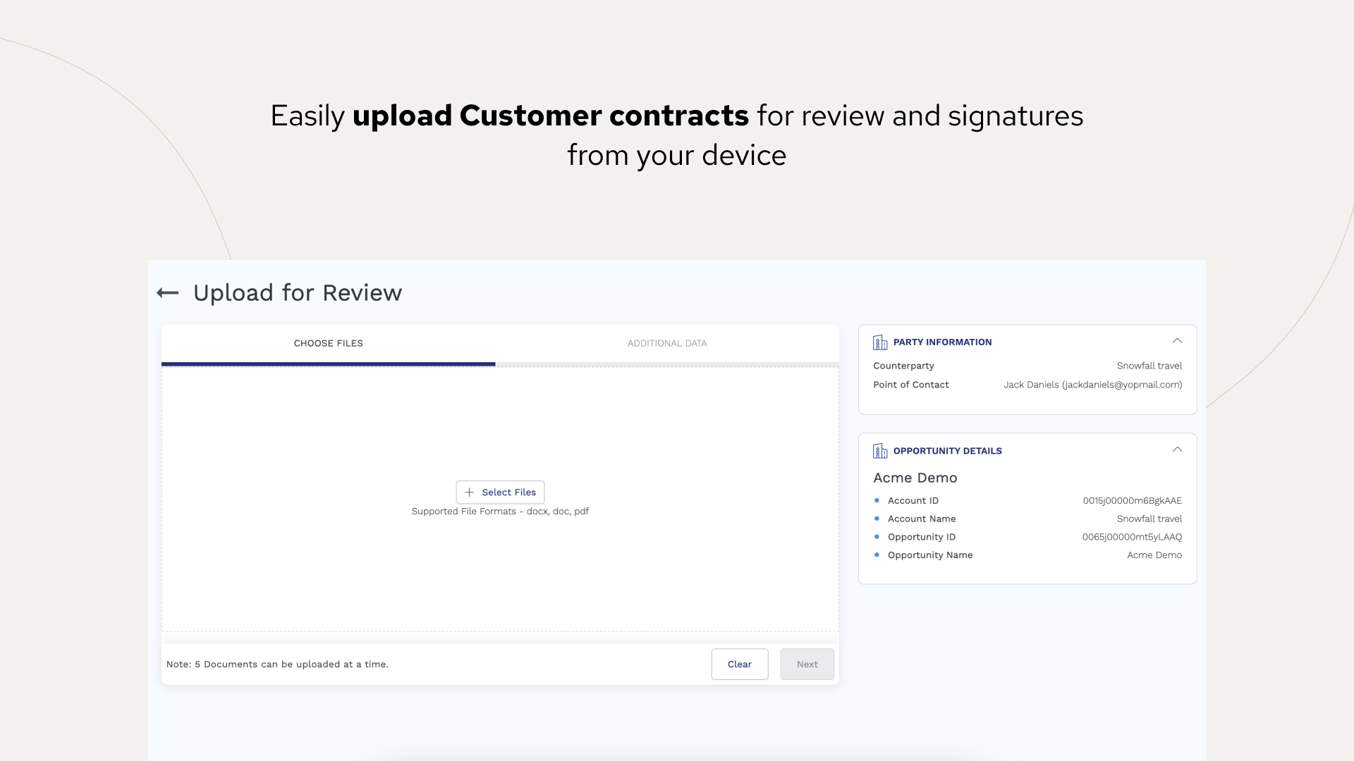 Interface for uploading customer contracts with party and opportunity details shown.