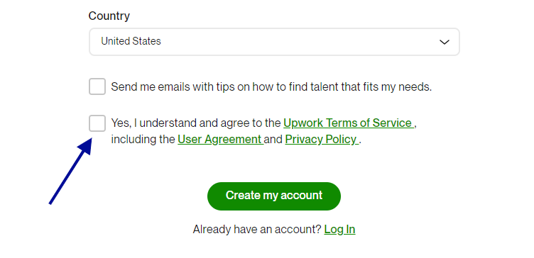 Signup form with country dropdown and checkboxes for email tips and agreeing to Upwork terms and policies.