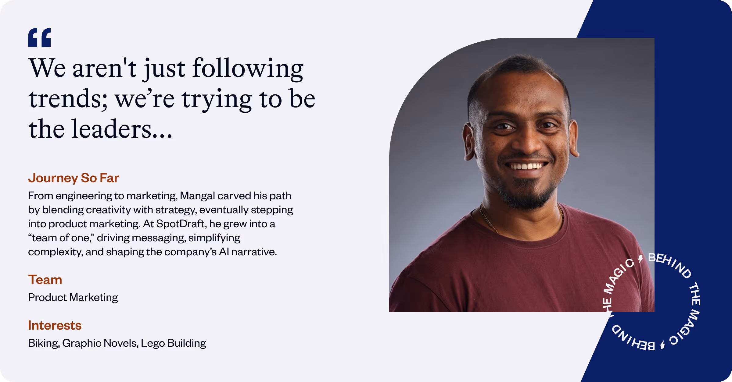 Smiling man in maroon shirt with text about his marketing journey, interests, and team role.