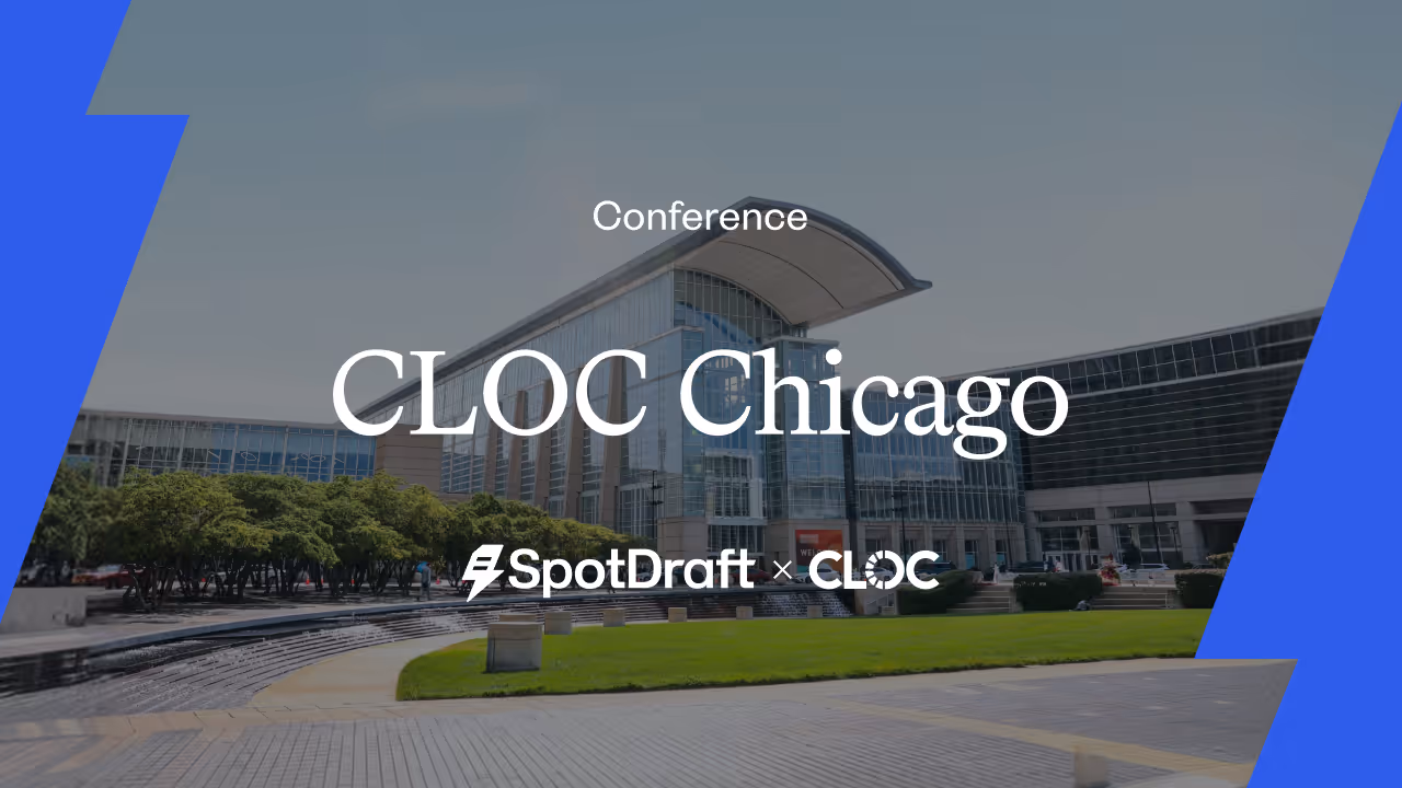 Modern glass building with curved roof behind green trees and plaza, text CLOC Chicago conference.