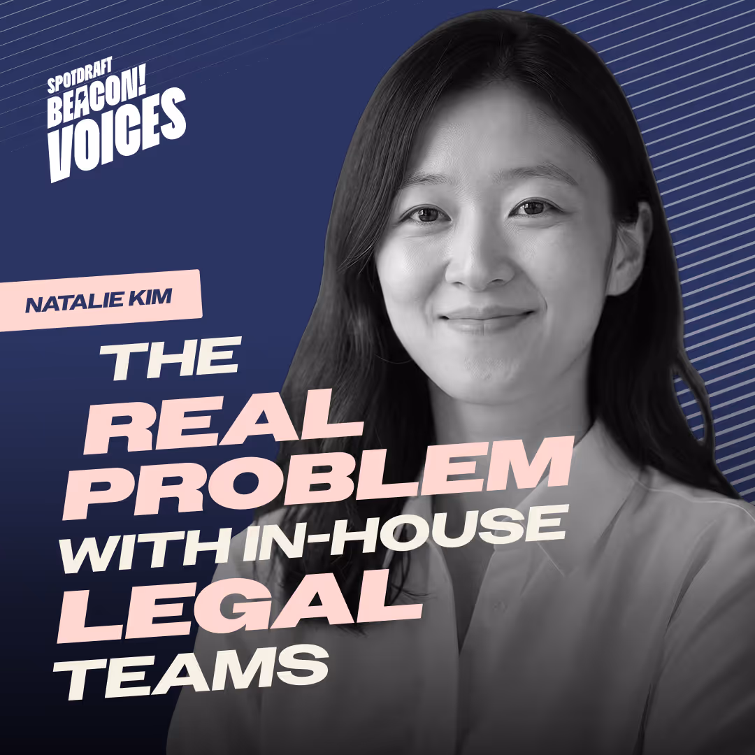 Smiling woman with text: The real problem with in-house legal teams, Natalie Kim, SpotDraft Beacon Voices.