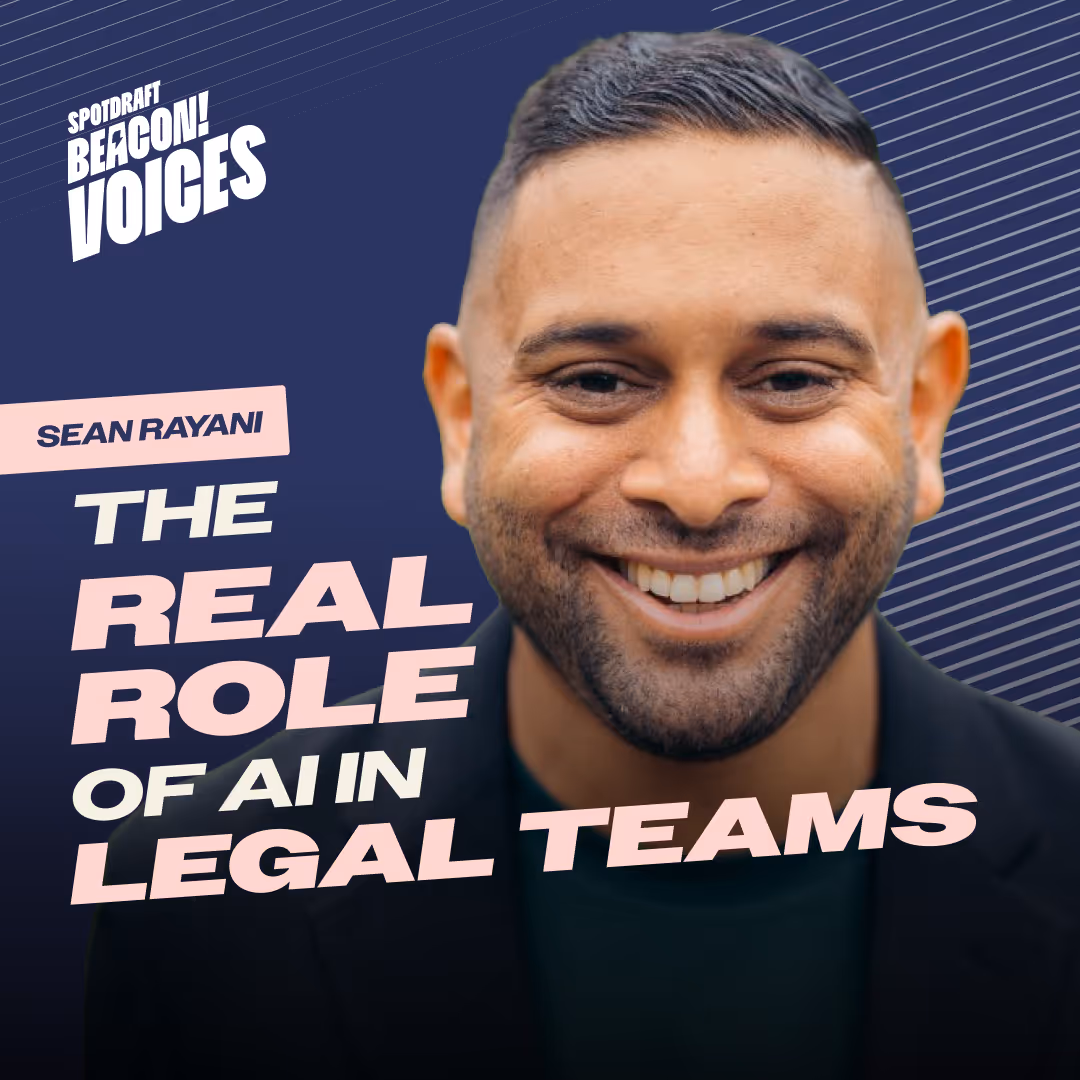 Smiling man Sean Rayani on podcast cover titled The Real Role of AI in Legal Teams.