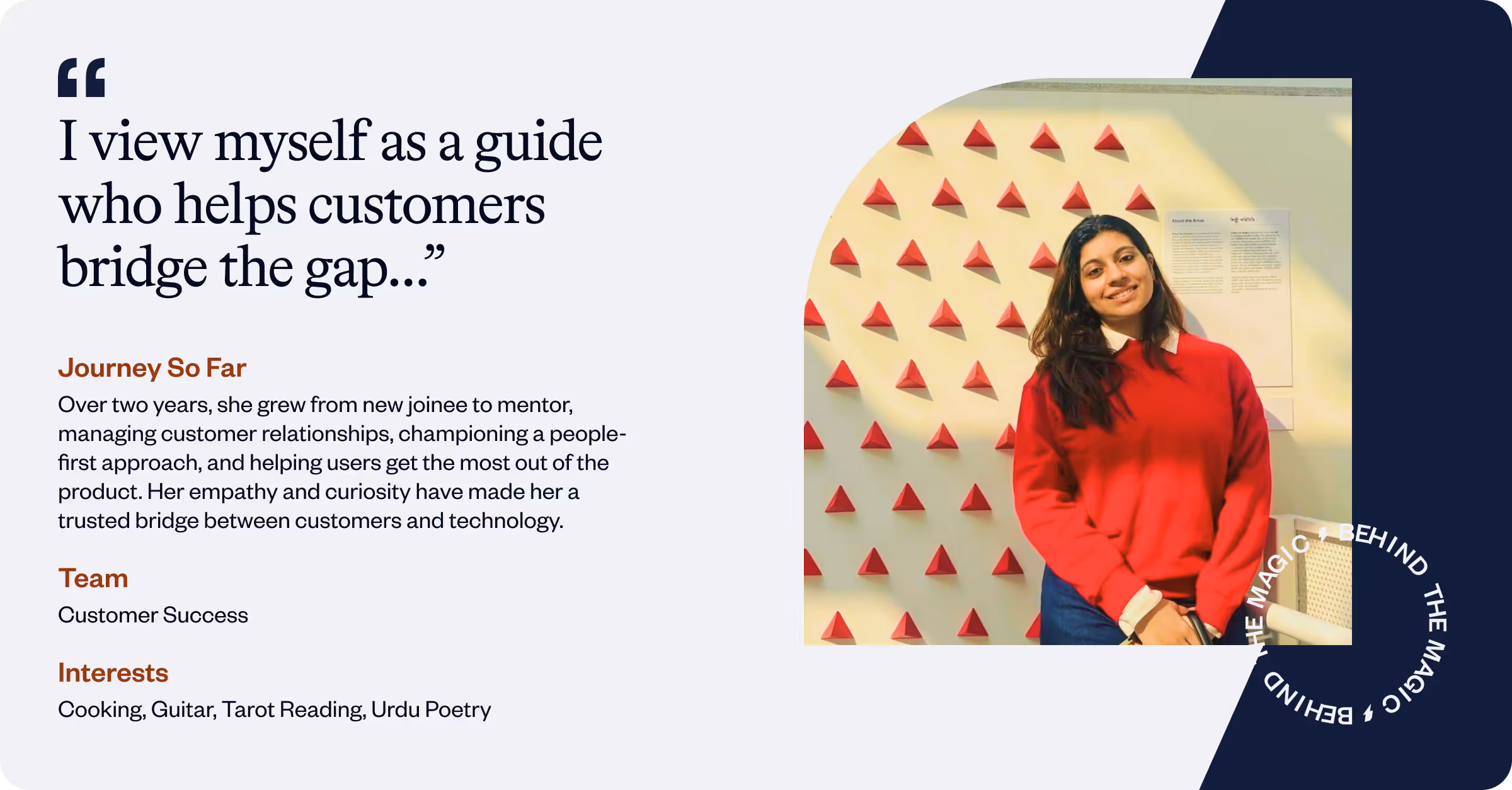 Smiling woman in red sweater poses by wall with red triangular shapes and text about her work and interests.