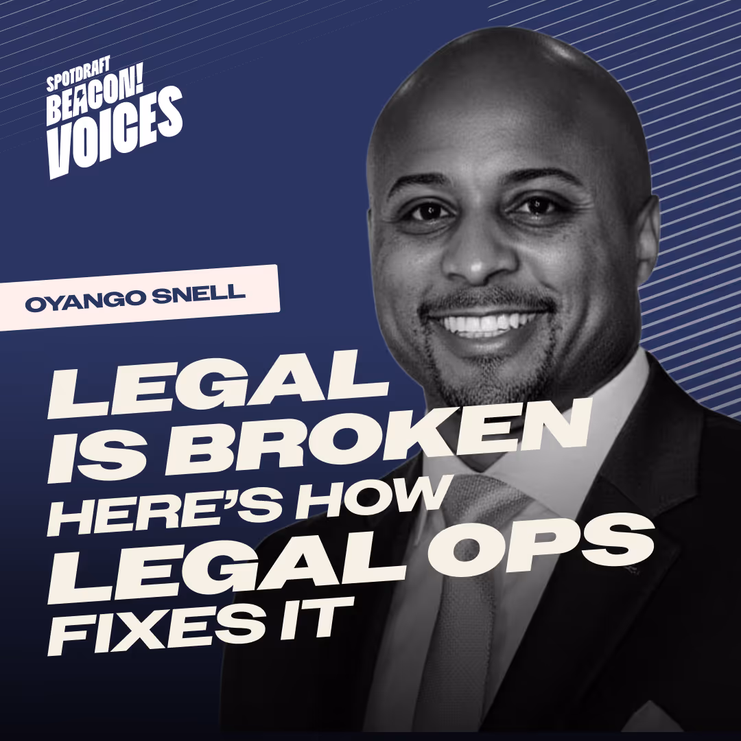 Portrait of a smiling man in a suit with text about legal ops fixing broken legal systems.