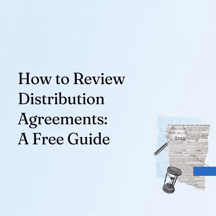 Text 'How to Review Distribution Agreements: A Free Guide' with a magnifying glass and hourglass on blue background.