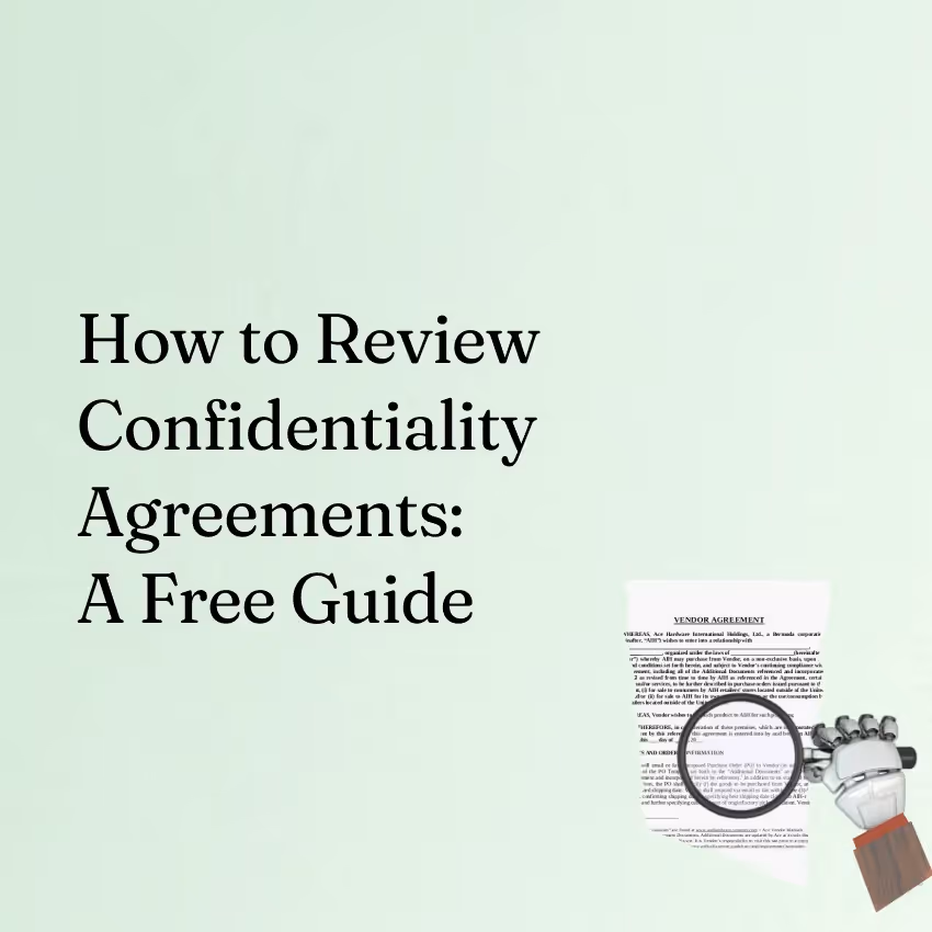 Text reading How to Review Confidentiality Agreements A Free Guide with a robot hand holding a magnifying glass.