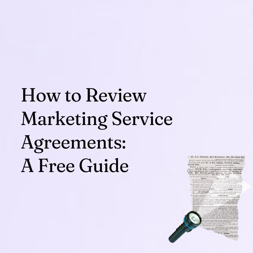 Text 'How to Review Marketing Service Agreements: A Free Guide' with a flashlight shining on a contract.