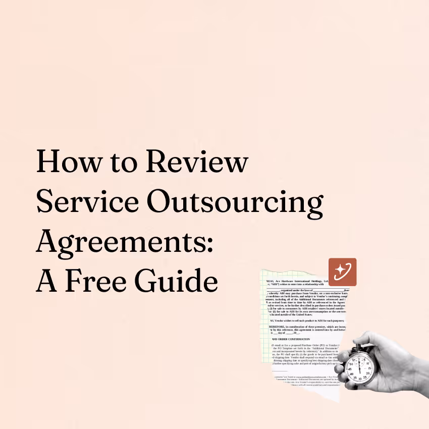 Text 'How to Review Service Outsourcing Agreements: A Free Guide' with hand holding stopwatch and document snippet.