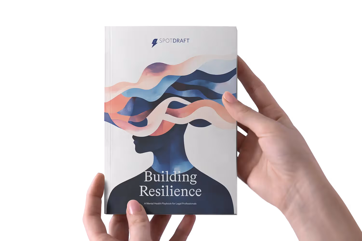 Hands holding a booklet titled Building Resilience with abstract head art and SpotDraft logo.