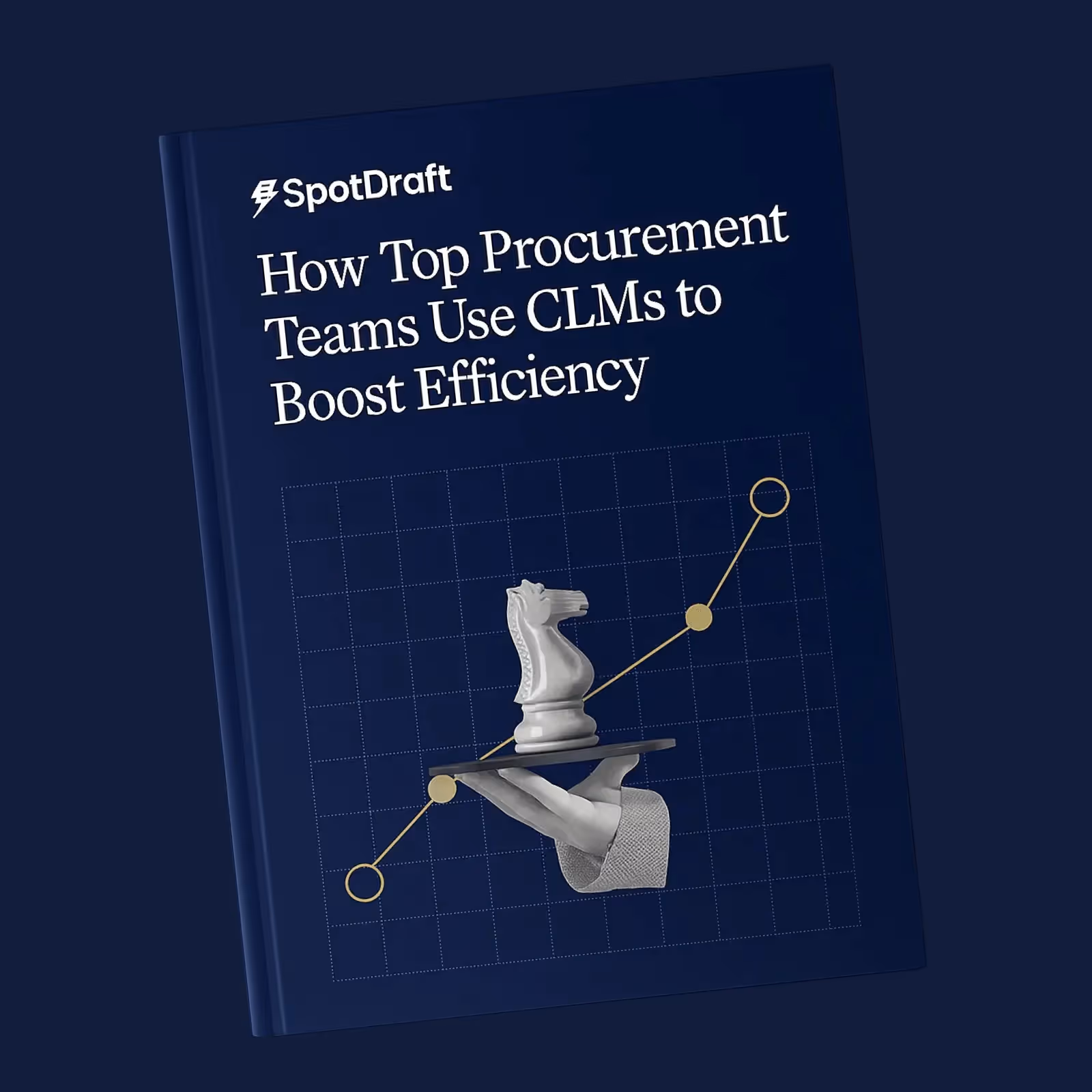 Blue book cover titled How Top Procurement Teams Use CLMs to Boost Efficiency with a hand holding a knight chess piece.
