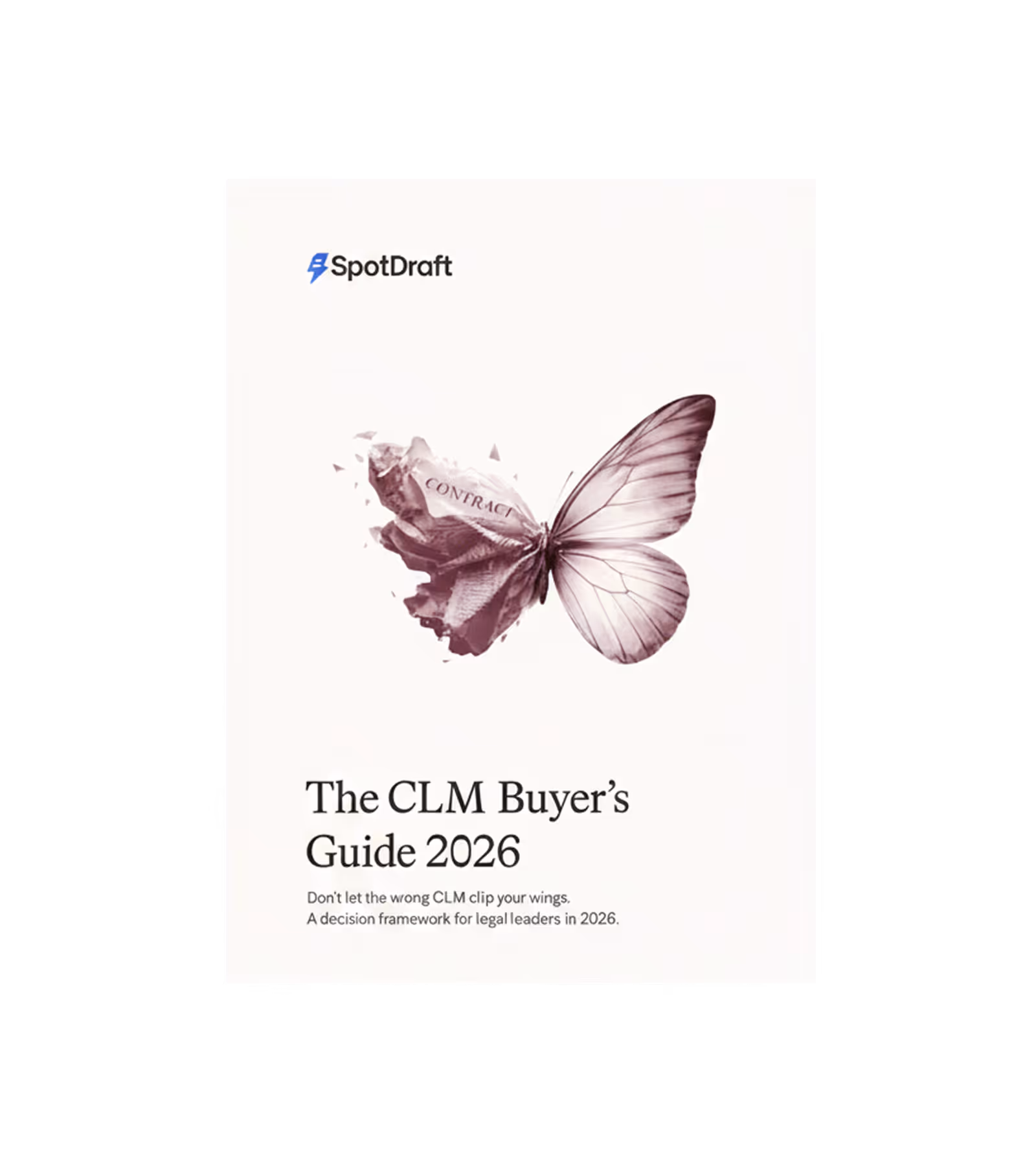 Cover of The CLM Buyer’s Guide 2026 with butterfly wings, one wing made of a contract page.