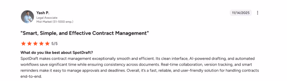 Review by Yash P., Legal Associate, praising SpotDraft's smooth contract management and efficient AI-powered drafting.