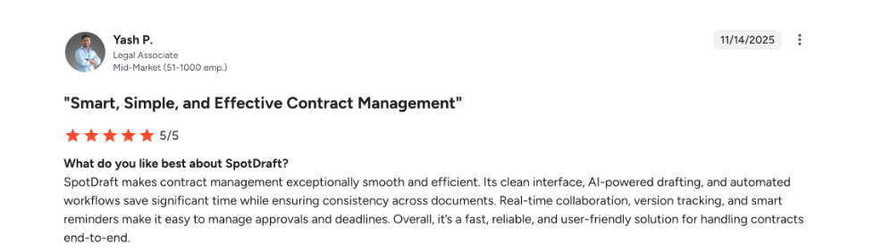 Review by Yash P., Legal Associate, praising SpotDraft's smooth contract management and efficient AI-powered drafting.