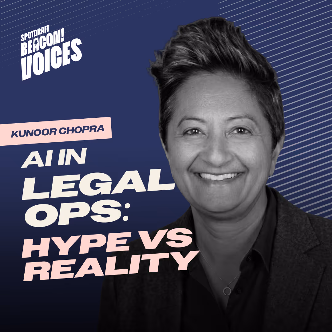 Black and white photo of Kunoor Chopra smiling with text about AI in legal ops hype versus reality.