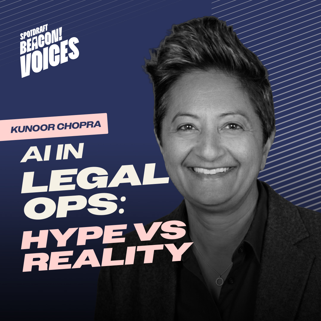 Black and white photo of Kunoor Chopra smiling with text about AI in legal ops hype versus reality.