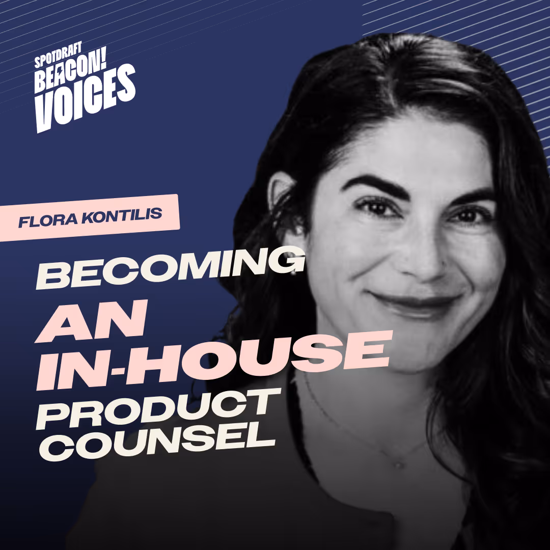 Black and white portrait of a smiling woman with text about Flora Kontilis becoming an in-house product counsel.