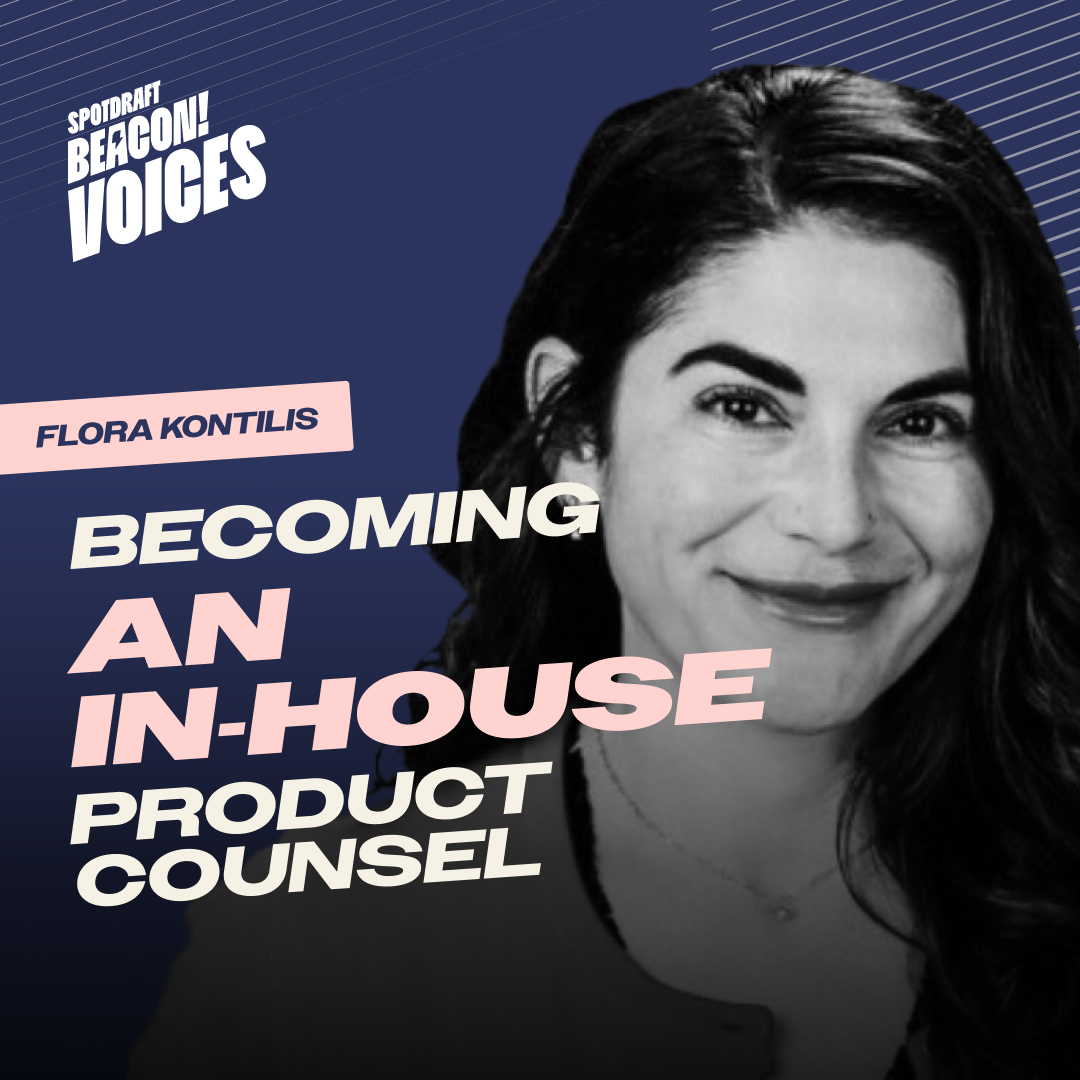 Black and white portrait of a smiling woman with text about Flora Kontilis becoming an in-house product counsel.