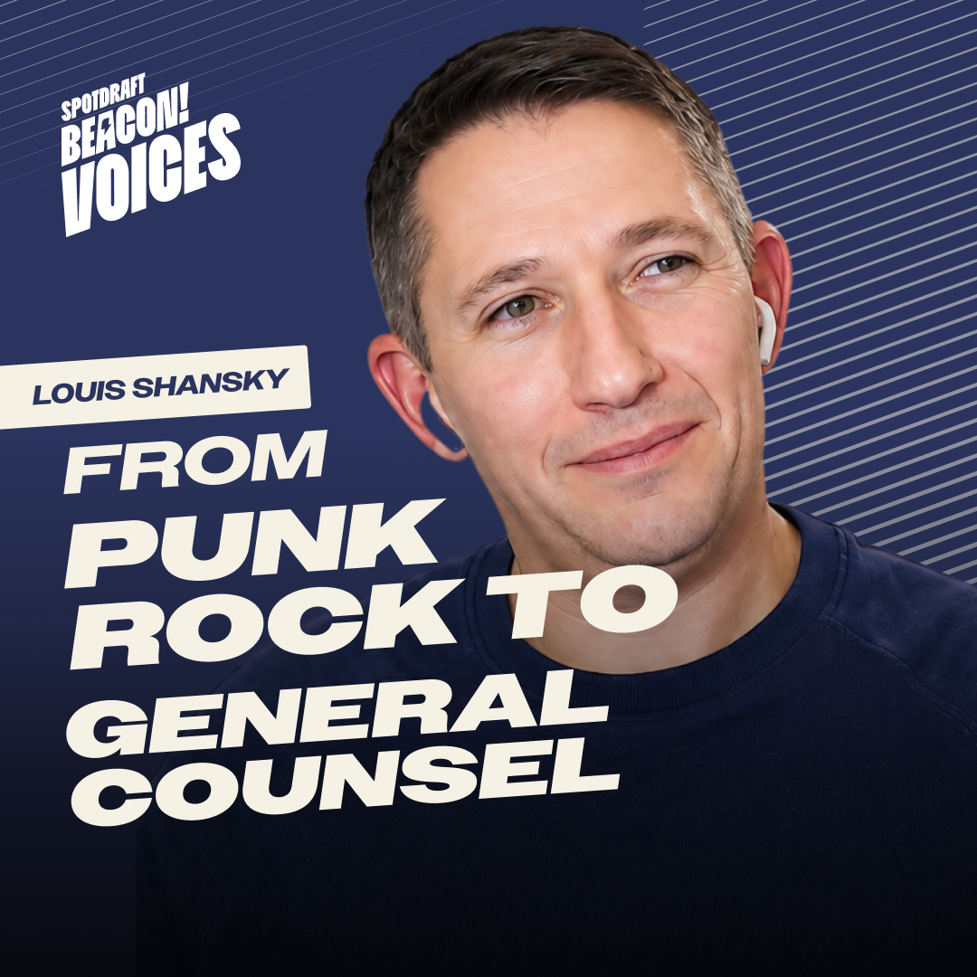 Portrait of a man with earbuds on navy background with text about Louis Shansky from punk rock to general counsel.