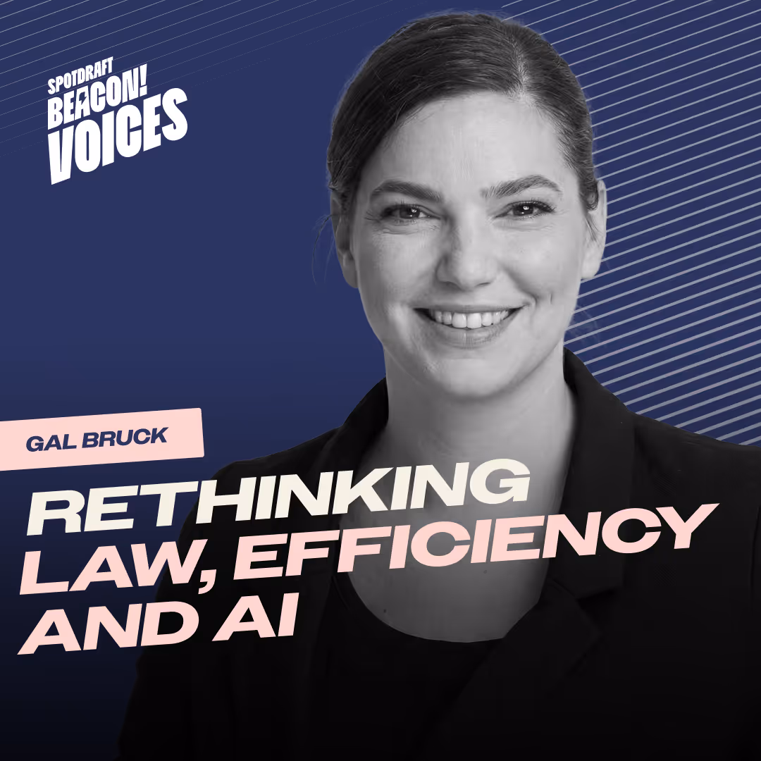 Portrait of smiling woman Gal Bruck on blue background with text about rethinking law, efficiency, and AI.