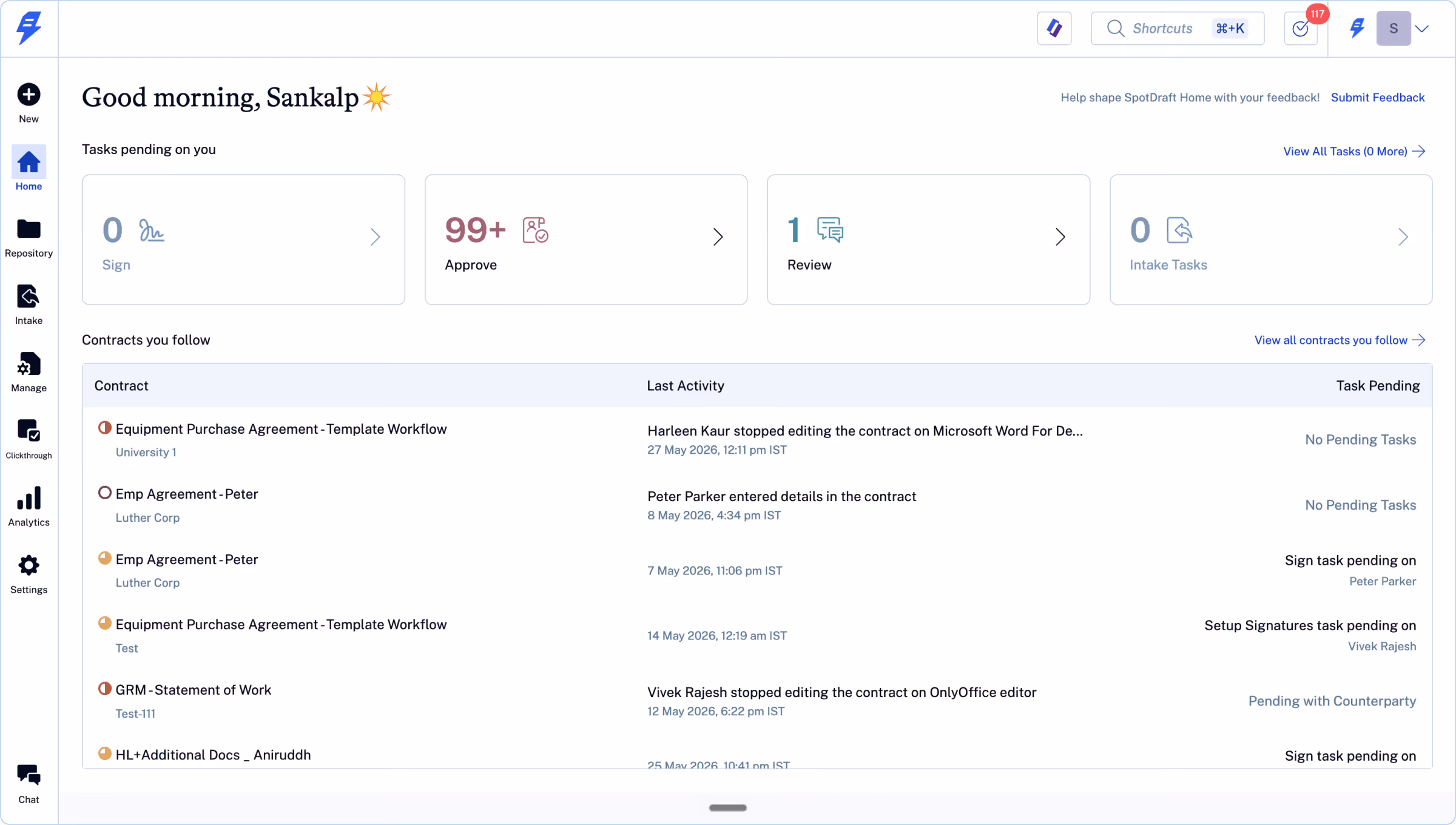 SpotDraft CLM Dashboard