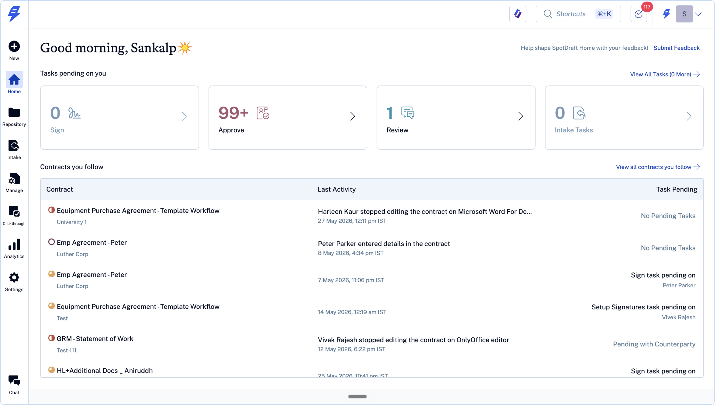 SpotDraft CLM Dashboard