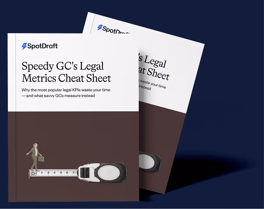 Book cover titled 'Speedy GC's Legal Metrics Cheat Sheet' with a tape measure and a walking businessperson illustration.