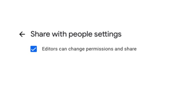 Checkbox checked for 'Editors can change permissions and share' under share with people settings.