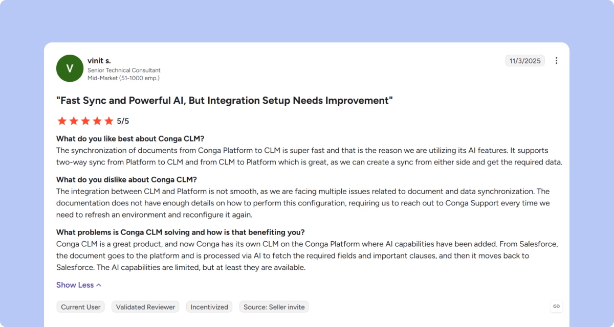 G2 review of Conga CLM describing fast document sync but integration setup issues