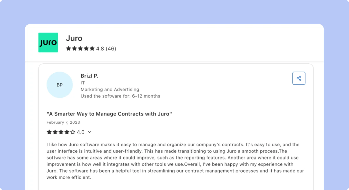 Capterra review of Juro mentioning usability and integration limitations.