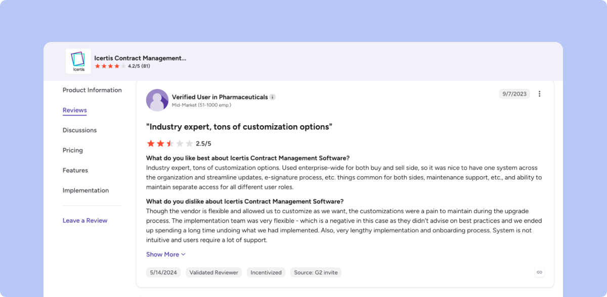 G2 review on Icertis implementation and customization