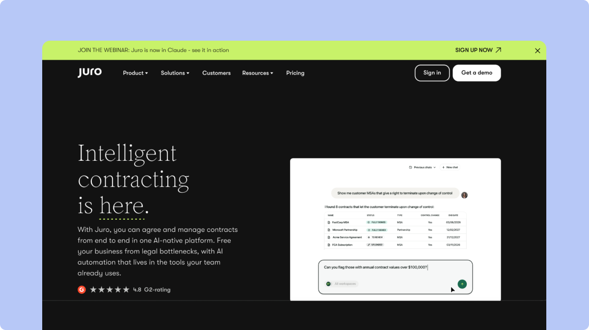 Juro AI contract review and management interface