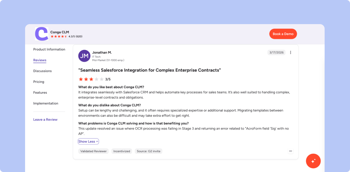 G2 review of Conga CLM discussing setup and template migration