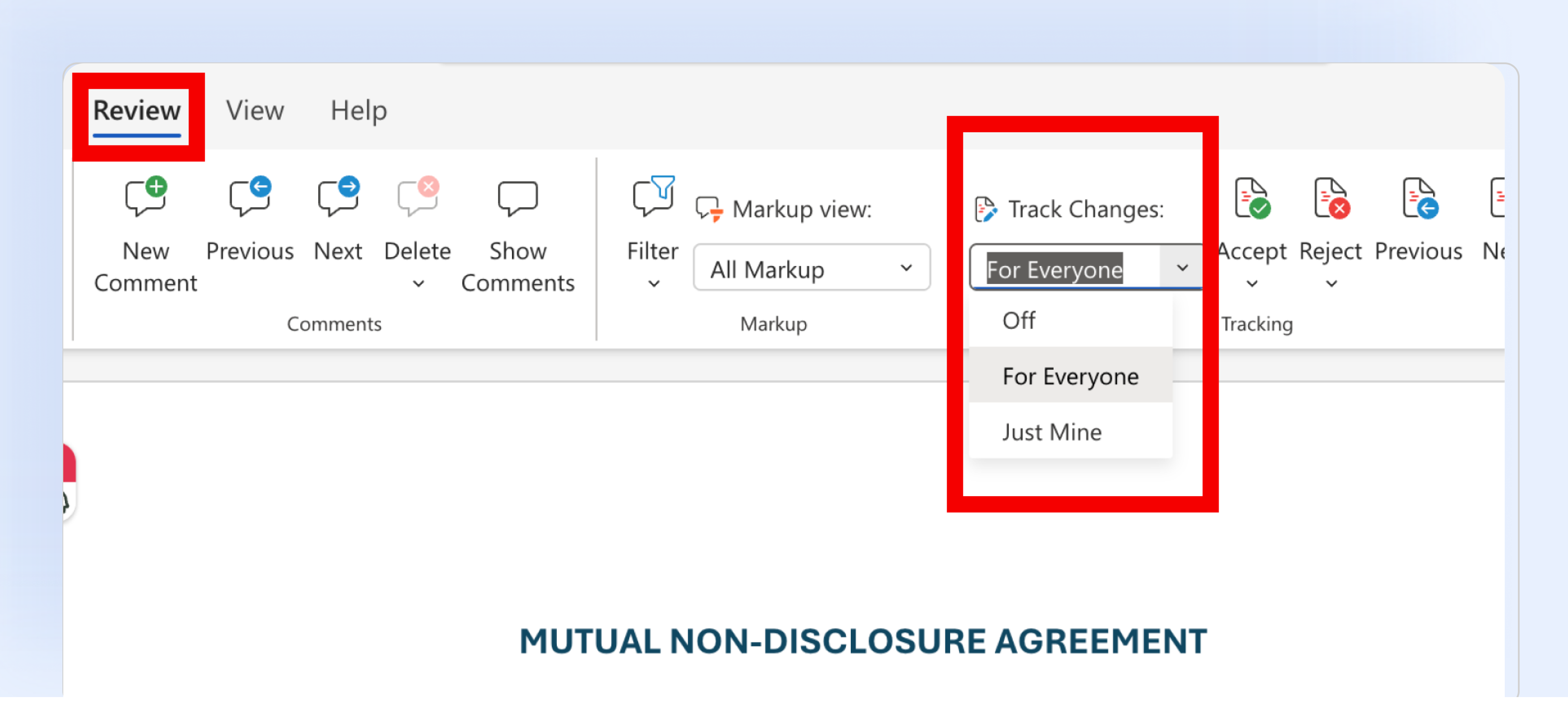 Turning On track changes in word for contract redlining