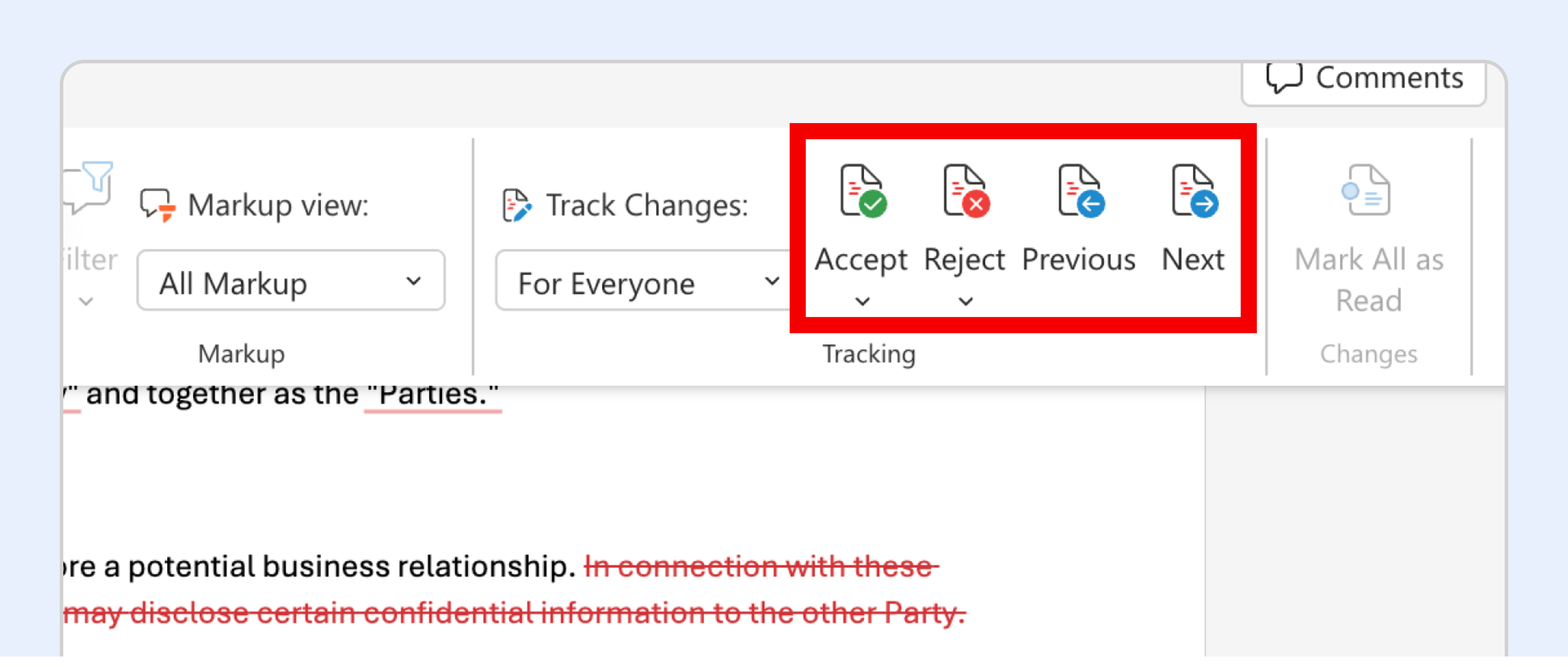 Accepting or Rejecting Contract redlining In Word