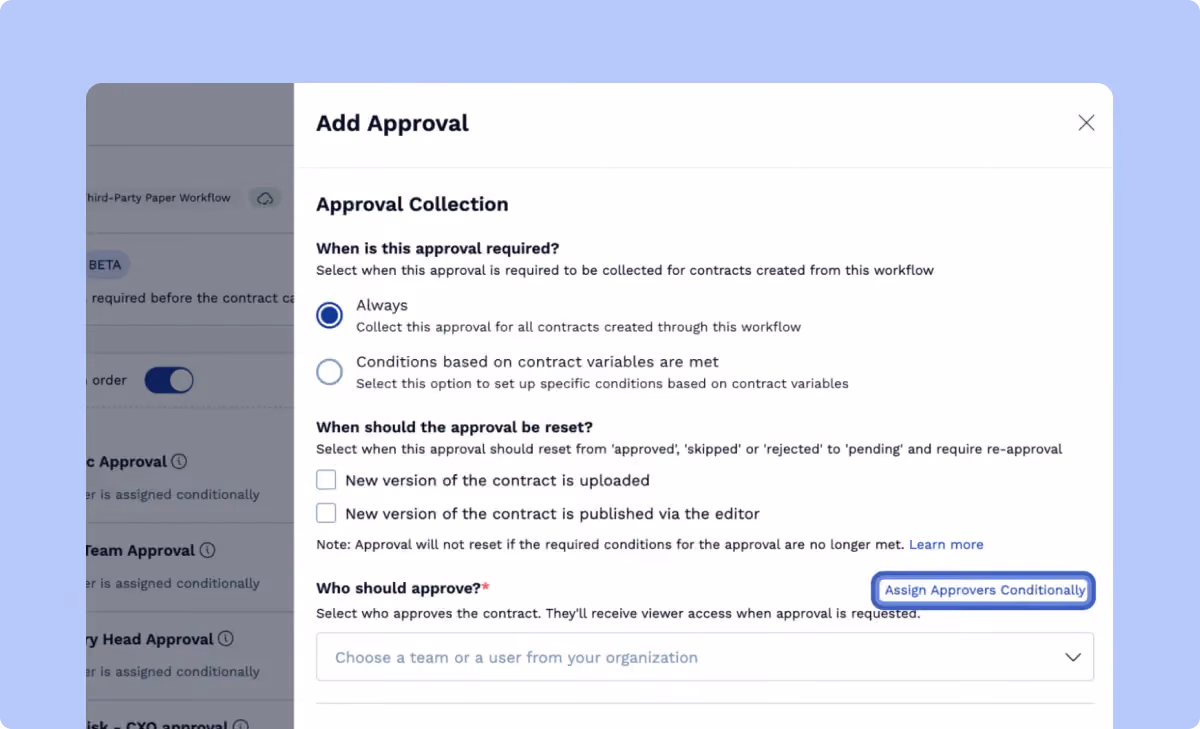 SpotDraft Workflow Manager showing conditional contract approval routing