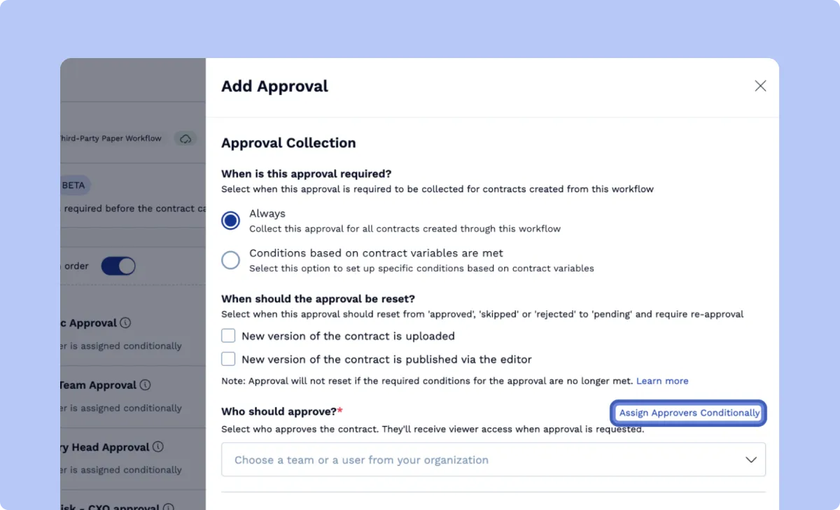 SpotDraft Workflow Manager showing conditional contract approval routing