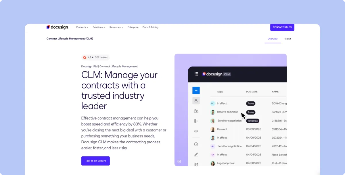 DocuSign CLM contract lifecycle management dashboard and contract workflow interface
