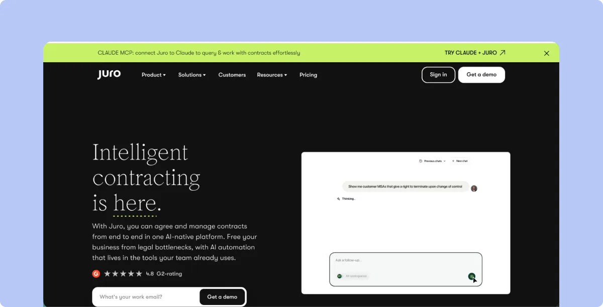Juro intelligent contracting platform with digital contract workflow interface