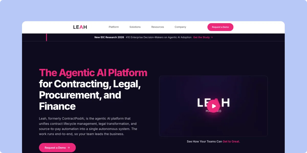Leah by ContractPodAI agentic AI platform for contracting, legal, procurement, and finance